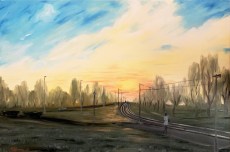 Matej Škarica, ''Jutro u predgrađu: čekajući tramvaj…'', ulje na platnu, 40x60 cm 