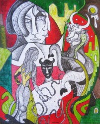 Krešimira Gojanović, ”Arijadna i Minotaur”, tuš u boji na papiru, 50×40 cm