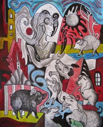 Krešimira Gojanović, ”Kirka i začarani prasci”, tuš u boji na papiru, 50×40 cm